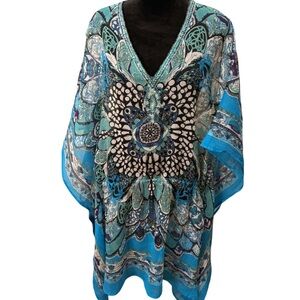 Jessica London Boho Medallion Flowy Tunic Top Blue Green Plus Size 12 - 0x